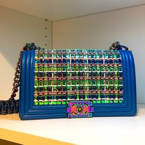 Blue Chanel Boy Bag Medium Size! Lambskin and PVC and rainbow hardware!